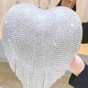P593-Silver Rhinestone Heart Wrist/Shoulder Bag with inner pocket